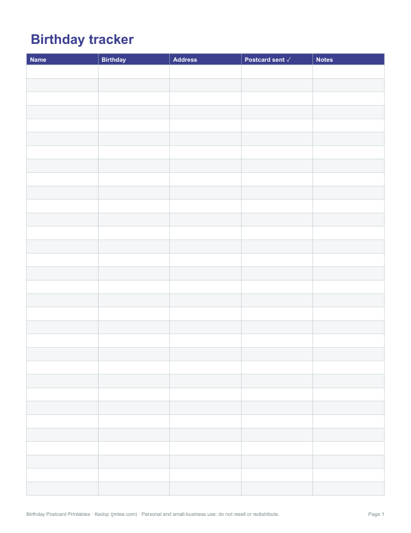 Preview of Printable Birthday Tracker