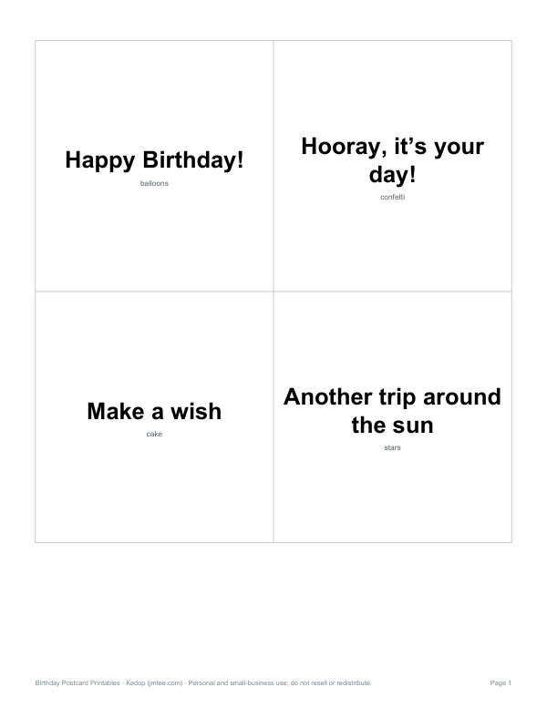 Preview of Printable Birthday Postcard Fronts